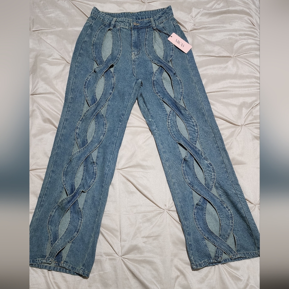 Blue Cutout Wide Leg Jeans